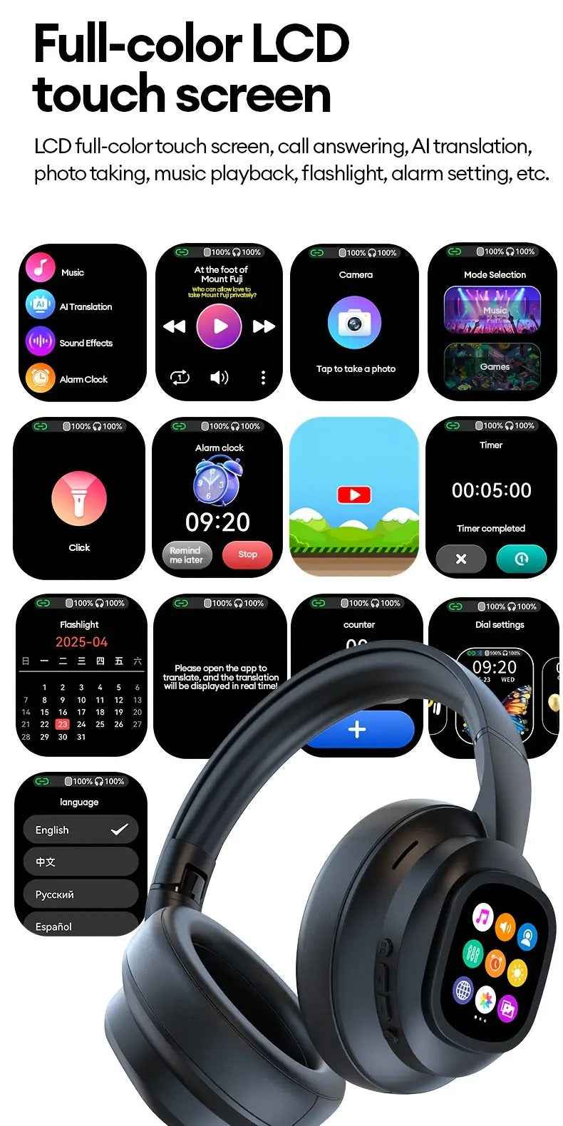 NNETM AI Translation Headphones LCD Touch Wireless Earbuds Electronics > Headphones - Novara